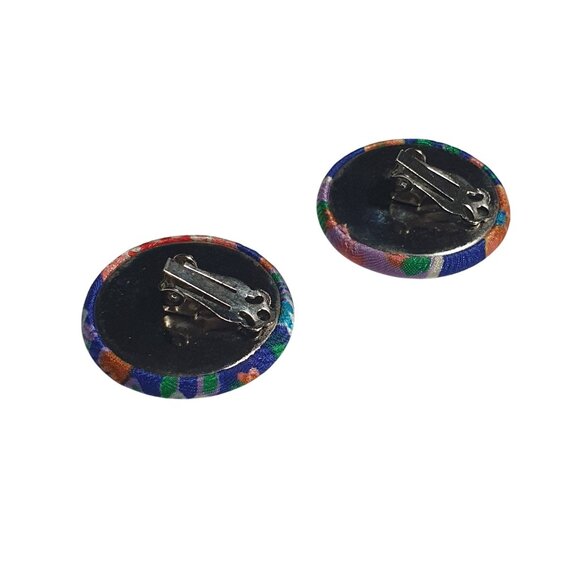 Fabric Button Clip On Earrings Colorful Floral Metal Backing Gift Grandma Core - Picture 4 of 4
